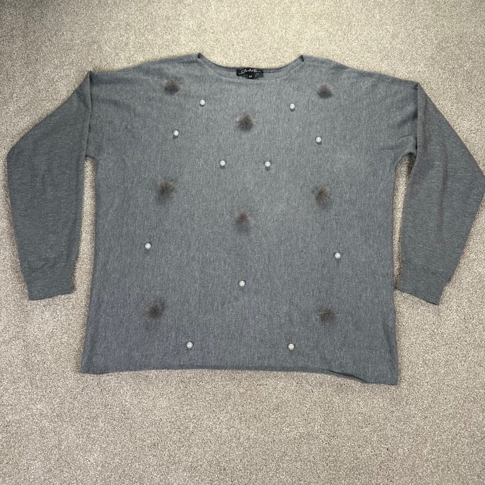 Charlie B Gray Pearl Pom Pom Large Embellished Long Sleeve Sweater